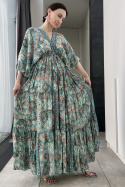 Jedwabna suknia maxi 2169-295, turkusowa, orientalna