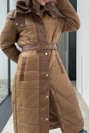 Długi płaszcz JY5034 z wstawkami z ekoskóry