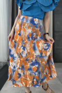 Wiskozowa wzorzysta spódnica midi L5029 pomarańczowo-niebieska