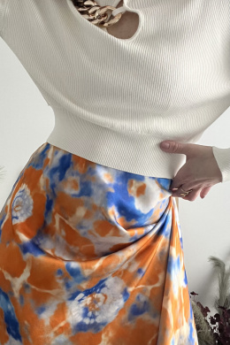 Wiskozowa wzorzysta spódnica midi L5029 pomarańczowo-niebieska