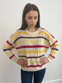 Sweter w kolorowe paski W5662 beżowy