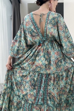 Jedwabna suknia maxi 2169-295, turkusowa, orientalna
