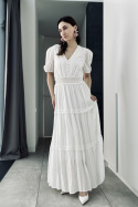 Suknia maxi 2170 z haftem i koronką biała