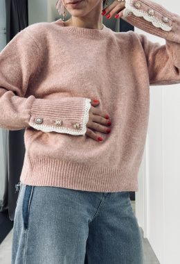 Sweterek z ozdobnym rękawem YHC600 różowy