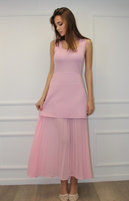 Wiskozowa sukienka z szyfonowym dołem | różowa