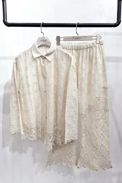 Bawełniany komplet boho ażurowy | beżowy