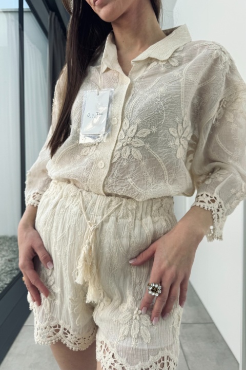 Bawełniany krótki komplet boho | beżowy