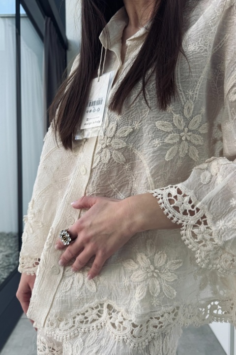 Bawełniany krótki komplet boho | beżowy