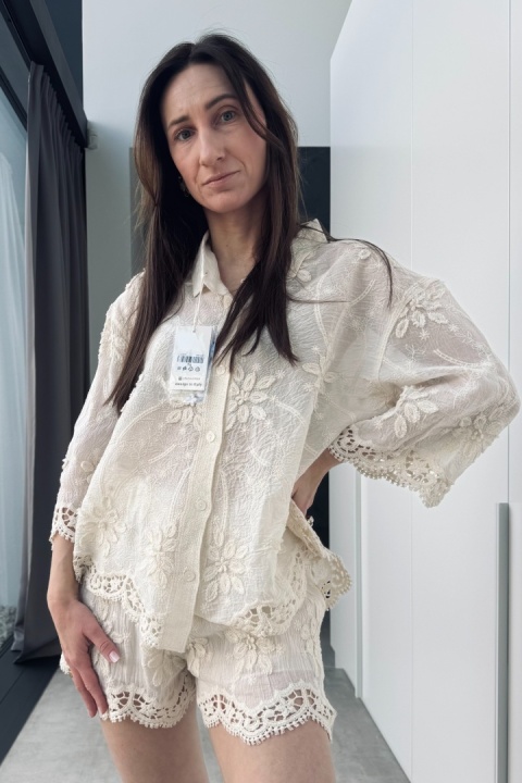 Bawełniany krótki komplet boho | beżowy