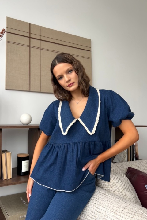 Bluzka z kołnierzykiem Bella | ciemny denim