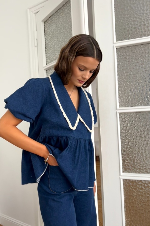 Bluzka z kołnierzykiem Bella | ciemny denim