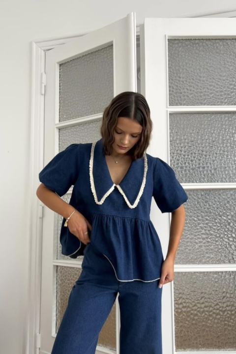 Bluzka z kołnierzykiem Bella | ciemny denim