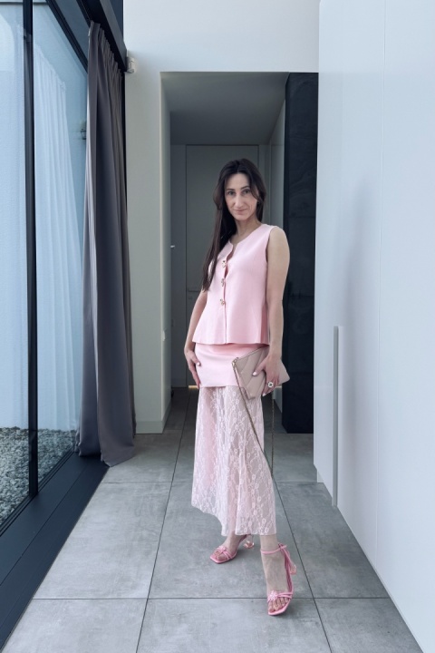 Komplet Aurora Rose: top z baskinką i spódnica z koronką | pudrowy róż