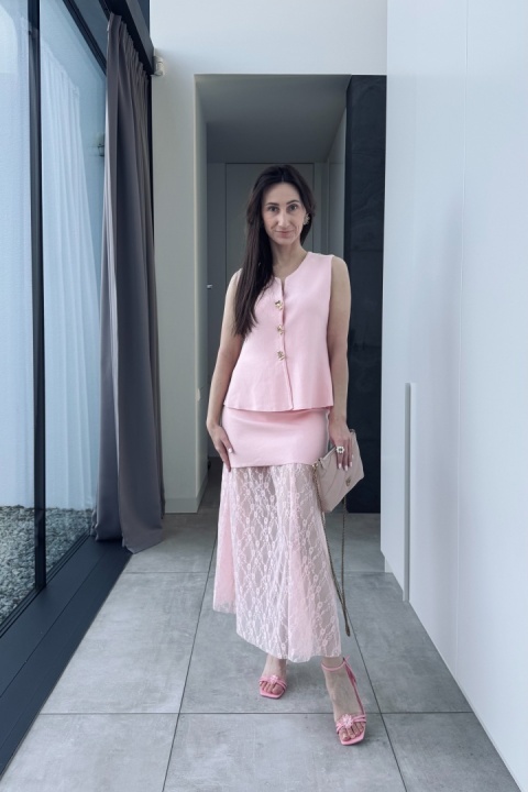 Komplet Aurora Rose: top z baskinką i spódnica z koronką | pudrowy róż