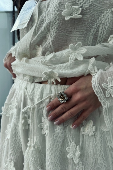 Bawełniany komplet boho z kwiatkami | biały