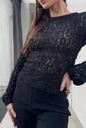 Koronkowa bluzeczka z różą na rękawie | czarna