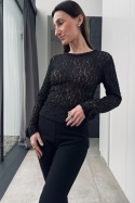 Koronkowa bluzeczka z różą na rękawie | czarna