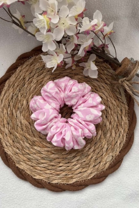 Wiskozowa gumka do włosów maxi | różowa w białe kwiatki