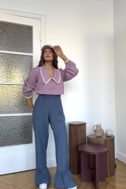 Spodnie Małgorzata z falbanką z tencelu | jasny denim