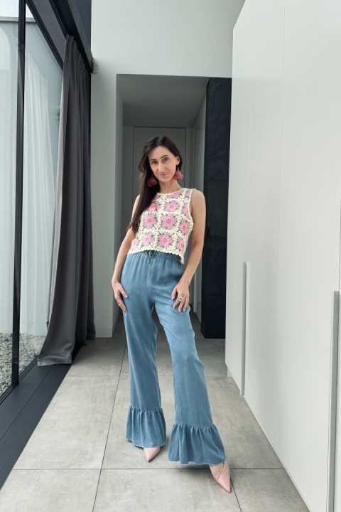 Spodnie Małgorzata z falbanką z tencelu | jasny denim