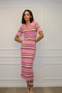 Wiskozowa sukienka polo w kolorowe paski | różowa