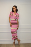 Wiskozowa sukienka polo w kolorowe paski | różowa