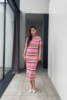 Wiskozowa sukienka polo w kolorowe paski | różowa