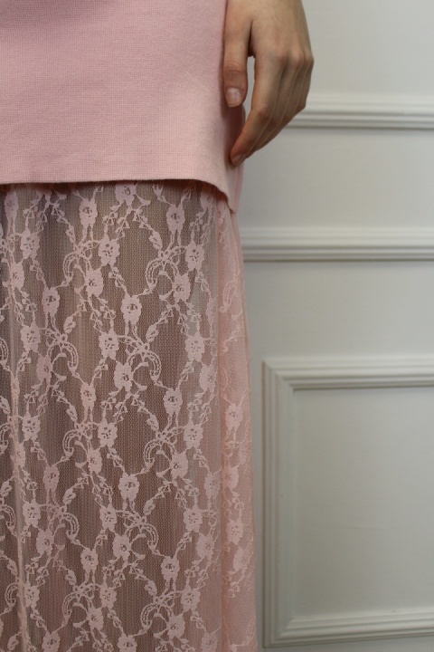 Komplet Aurora Rose: top z baskinką i spódnica z koronką | pudrowy róż