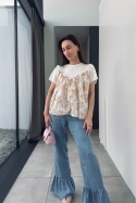 T-shirt z kwiecistym topem | kremowy