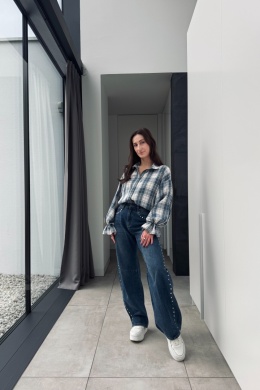 Bawełniana koszula w kratę Lola z falbanami na rękawach | polska produkcja | błękitna