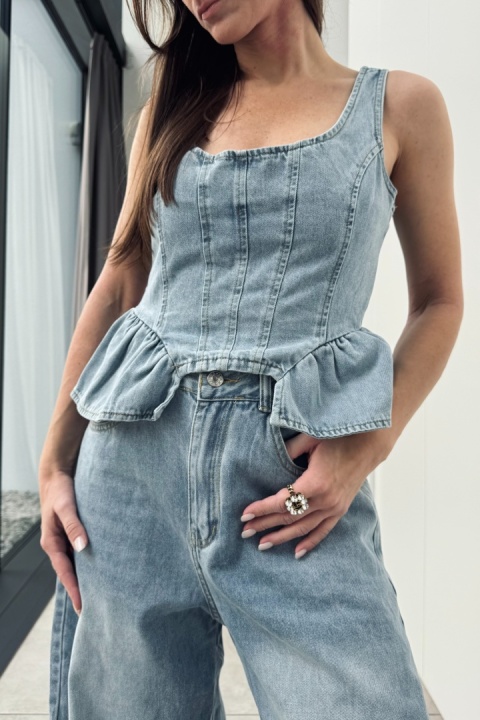 Bawełniany komplet jeansowy: jeansy i top z baskinką | niebieski