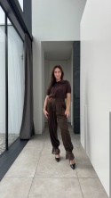 Eleganckie spodnie z koroką z wiskozą i lnem | czekoladowe