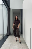 Eleganckie spodnie z koroką z wiskozą i lnem | czekoladowe