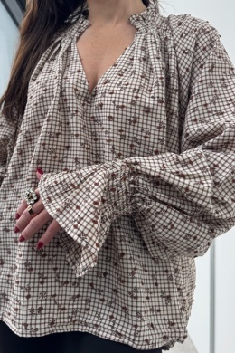 Bawełniana bluzka oversize Vintage Garden z falbankami przy rękawach