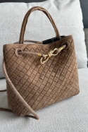Pleciona torebka Siena Suede midi | włoska skóra naturalna zamszowa | ciepły brąz