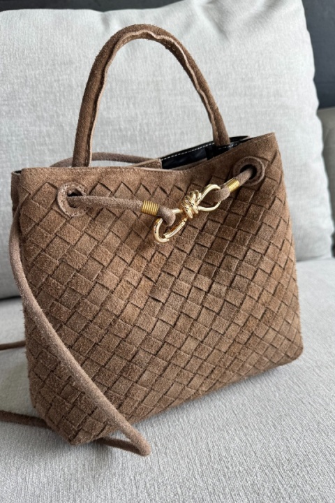 Pleciona torebka Siena Suede midi | włoska skóra naturalna zamszowa | ciepły brąz