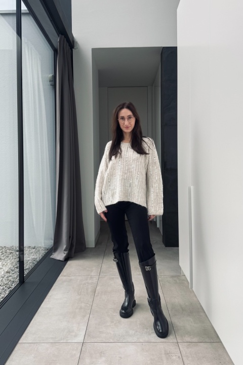 Sweter z cekinami, z dodakiem wełny i moheru | beżowy