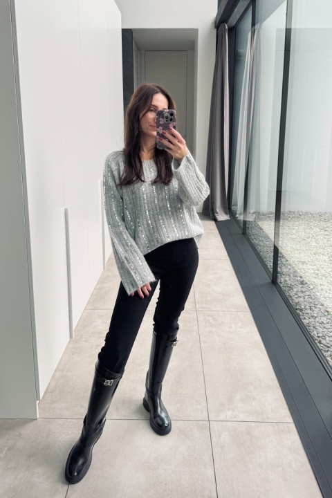 Sweter z cekinami, z dodakiem wełny i moheru | szary