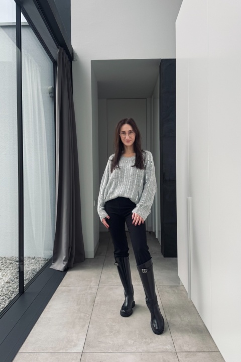 Sweter z cekinami, z dodakiem wełny i moheru | szary