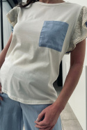 Bawełniany t-shirt z falbaniastym rękawem i koronką, niebieski