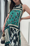 Plisowana sukienka maxi A11423-1 zielona z dekoltem halter