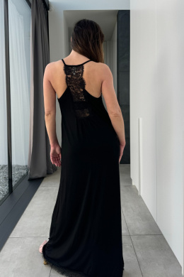 Wiskozowa sukienka z rozcięciem i koronką, czarna