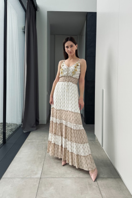 Sukienka maxi boho, z ozdobami, beżowa