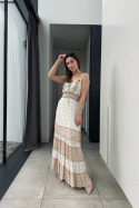 Sukienka maxi boho, z ozdobami, beżowa