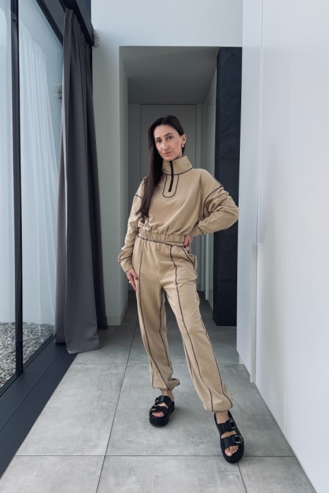 Bawełniany dres z przeszyciami | beżowy Bawełniany dres z przeszyciami | beżowy