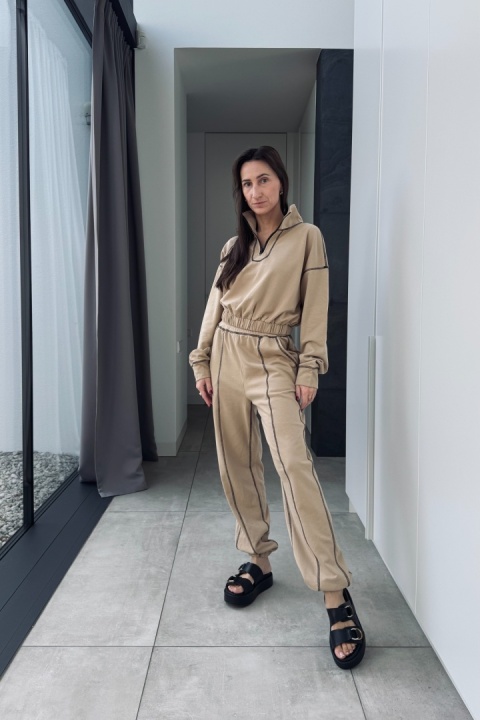 Bawełniany dres z przeszyciami | beżowy Bawełniany dres z przeszyciami | beżowy