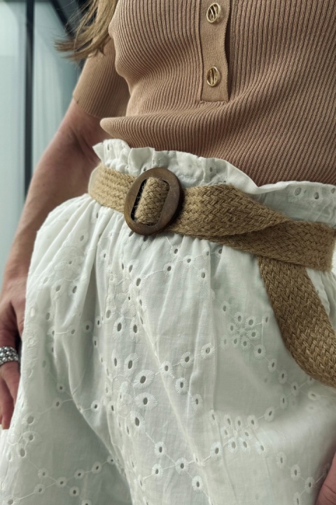 Haftowane, bawełniane spodenki paperbag z paskiem 1191 Haftowane, bawełniane spodenki paperbag z paskiem 1191