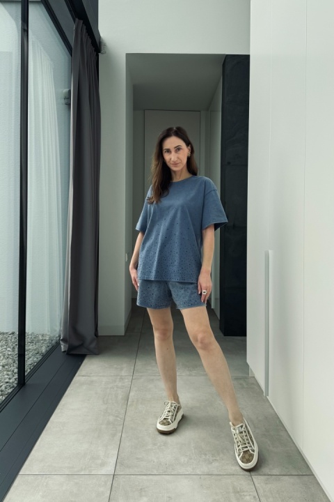 Komplet dresowy: krótkie spodenki i t-shirt oversize | niebieski Komplet dresowy: krótkie spodenki i t-shirt oversize | niebieski