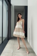 Sukienka mini boho, z ozdobami, beżowa