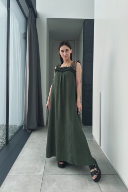 Wiskozowa sukienka maxi z panterkowymi ramiączkami | khaki
